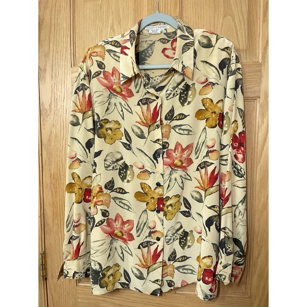 Maggy London Womens 12 Silk Floral Collared Long Sleeve Button-Up Blouse Beige